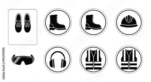Collection of black and white safety warning signs and protective equipment icons