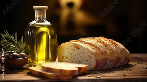 A photo of a bottle of olive oil with a fresh loaf of bread.