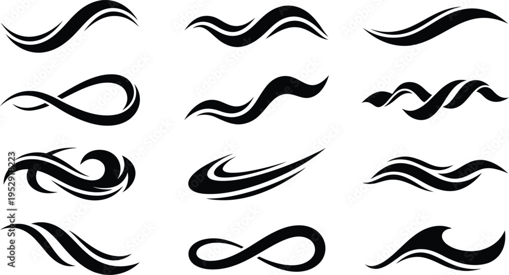 Fototapeta premium Minimalist black vector silhouette icons of abstract wave and wind swoosh shapes, representing dynamic flow, elegant tribal tattoos, and infinity curve design elements.