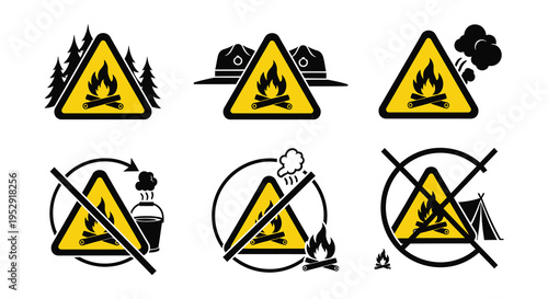 Camping safety warning sign illustrating hazards and essential equipment