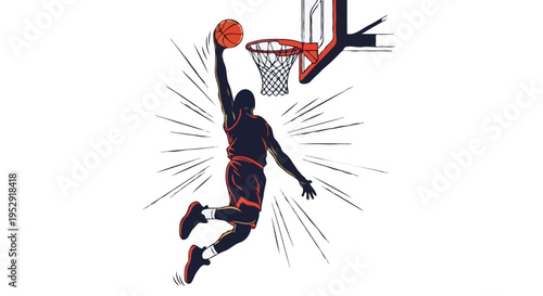 A basketball player in mid-air dunking the ball into the hoop Imagem vetorial