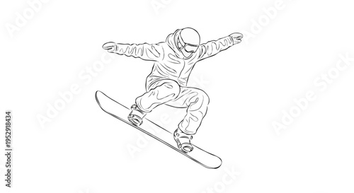 A snowboarder performs a trick in mid-air with arms outstretched Imagem vetorial