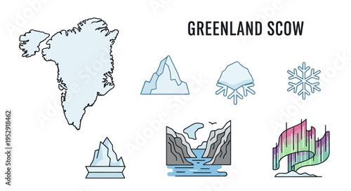 Greenland Icons: Map, Icebergs, Aurora Borealis, Landscape, Snowflake