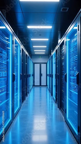 Modern data center corridor with glowing server racks