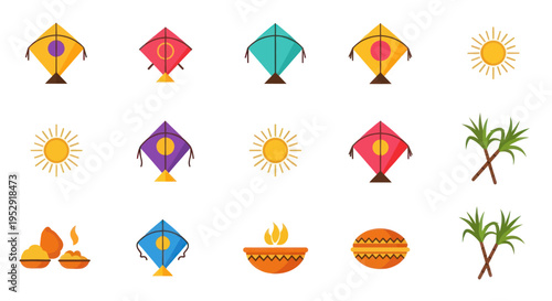 Colorful Kite Festival Icons: Sun, Sugarcane, Bonfire, Gifts, and Food - Makar Sankranti Celebration