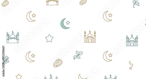 Ramadan Kareem Eid Mubarak Islamic Pattern with Mosque, Moon, Star, Dates, Branches
