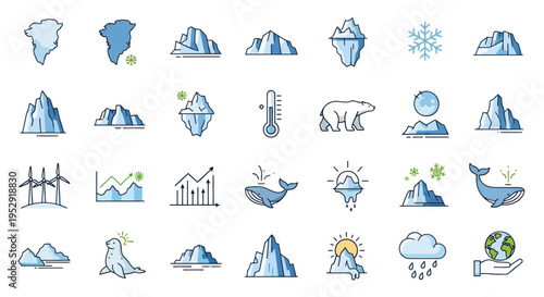Arctic Climate Change Icons: Icebergs, Polar Bears, Whales, Greenland, and Renewable Energy