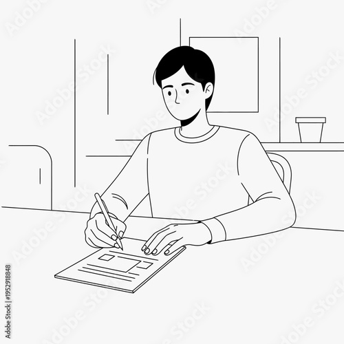 Young Man Writing at Desk, Minimalist Outline Illustration