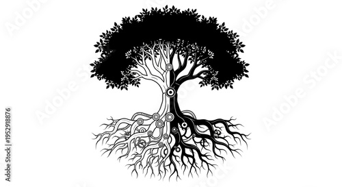 Yin Yang Tree of Life Symbol with Roots and Crown