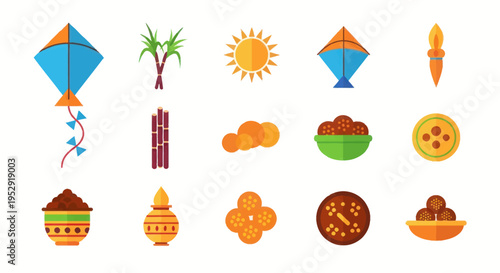 Pongal Festival Icons: Sugarcane, Kite, Sun, Pot, Sweets, and Rice Offering