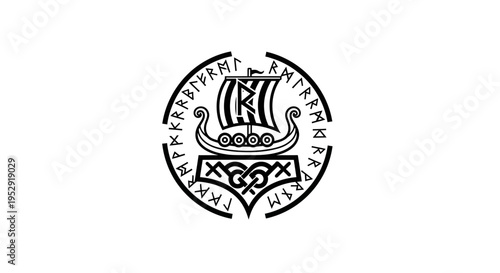 Viking Ship Emblem with Runes and Norse Mythology Symbols