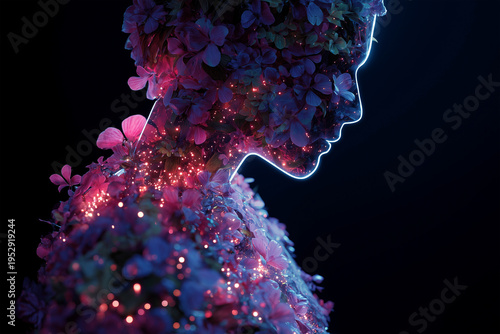 Woman shaped silhouette filled with flowers and light display