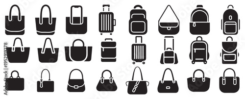 Travel luggage and suitcase outline icons, airport baggage line art set. vector illustration eps 10