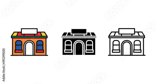 
Retail Storefront and Commercial Building Icon Set - Color, Silhouette, and Outline Styles