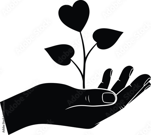 A hand gently cradling a small plant with hearts as leaves symbolizing love and growth Vector