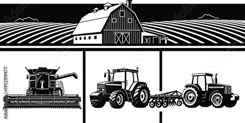 Agriculture farm scene with barn, tractor and harvester machines, rural landscape, farming equipment collection, crop production concept, black and white vector illustration for agribusiness design