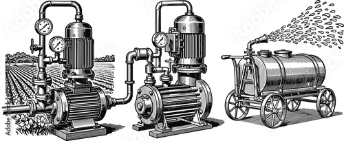 Agricultural irrigation pump system vector illustration, vintage farming machinery with water sprayer tank, rural field equipment for crop watering, engraved industrial farm technology design