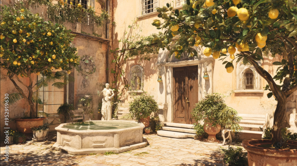 Obraz premium Lemon tree courtyard with stone fountain and classical statue, featuring rustic architecture and vibrant greenery in a Mediterranean-style setting
