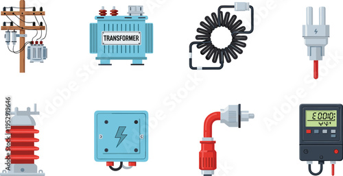 Electrical equipment vector illustration set, transformer, plug, cable, insulator, meter and power distribution icons, industrial energy components isolated for engineering and technology design