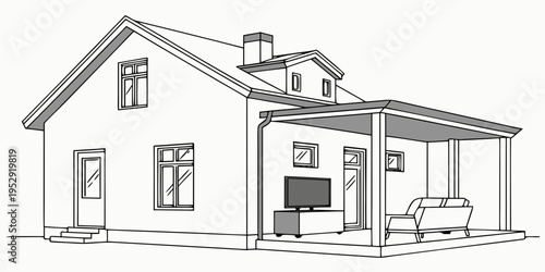 A charming house with a covered patio and a cozy living room interior