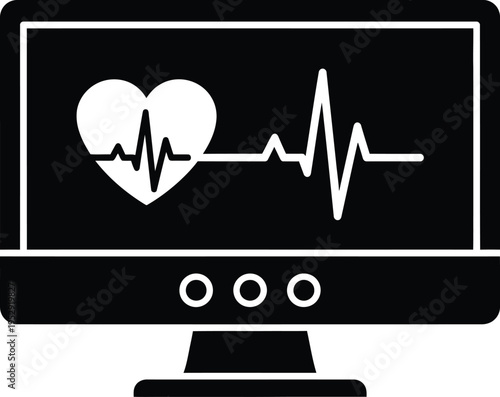 A computer monitor displaying a heart with an electrocardiogram waveform for health tracking Vector