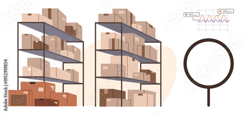 Logistics, inventory tracking, supply chain, e-commerce fulfillment, warehouse management, data analysis. Boxes on shelves and a magnifying glass. Logistics and inventory tracking concept