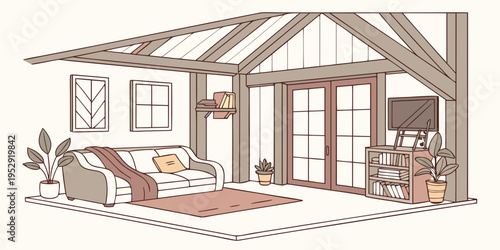 A cozy living room with a fireplace and a view of the garden