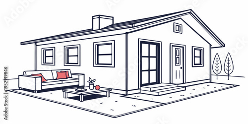 A cozy single-story house with a well-maintained front yard and patio furniture.