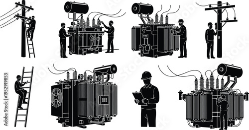 Electrical transformer maintenance workers set, power line repair, technician inspecting high voltage equipment, utility service operations, industrial 