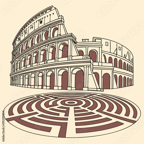 Abstract maze and roman colosseum illustration in a minimalist, sepia-toned style, line art