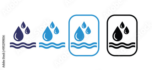 moisture level icon set, water drop and wave graphics, humidity indicators for fabric care and air quality monitoring, environmental control symbols, modern simple vector design