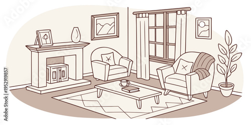 A cozy living room with vintage furniture and a fireplace.