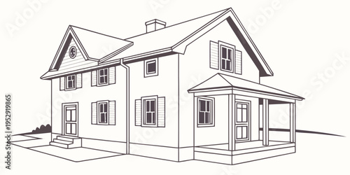 A charming two-story house with a welcoming front porch and a sloping roof.