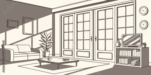 A cozy living room with large windows and a view of a garden