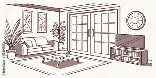 A cozy living room with a fireplace, plants, and a clock on the wall