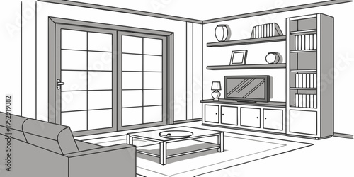 Modern living room with large windows and a cozy seating area