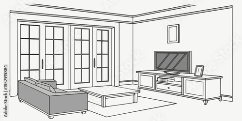 A cozy living room with a large window, comfortable sofa, and a television.