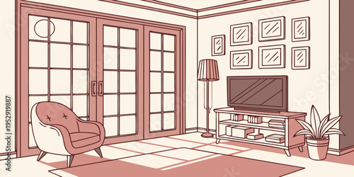 A vintage living room with a fireplace and various framed pictures on the wall.