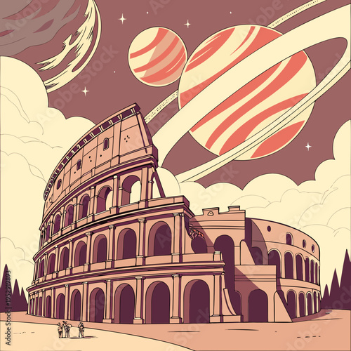 Retro illustration of the colosseum on a distant planet with large ringed planet and moons, stylized clouds, outer space