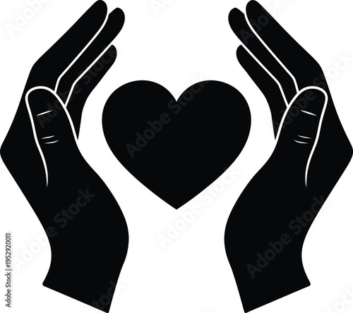 Two hands gently cradling a heart shape symbolizing care and protection. Vector