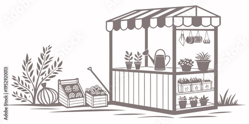 A bustling farmer's market stall with fresh produce and potted plants on display