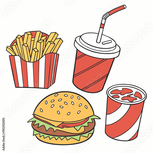 Fast food meal illustration: hamburger with sesame seeds, french fries in a red and white striped box, and a soda cup with straw, junk food