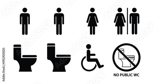 Black silhouettes depict restroom signs accessibility symbols and a toilet