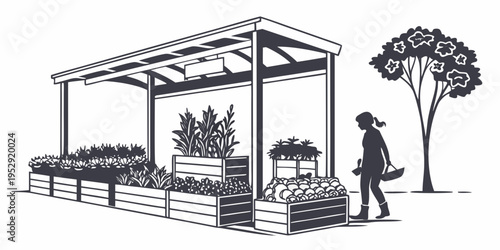 A person walking past a garden stand with various plants and vegetables.