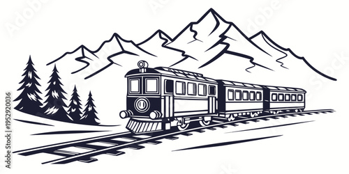 Vintage train journeying through a picturesque mountain landscape with snow-capped peaks