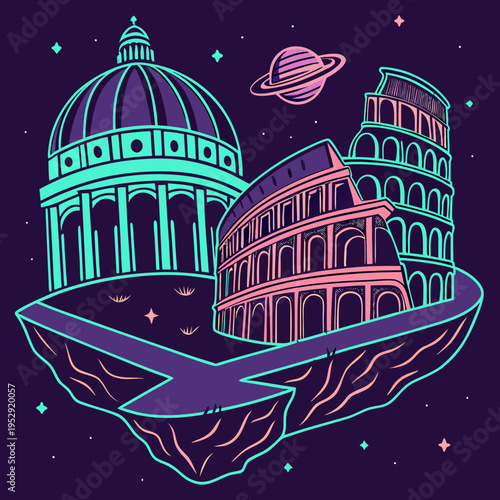 Surreal art of iconic roman landmarks like the colosseum and pantheon floating in space with a planet with digital art