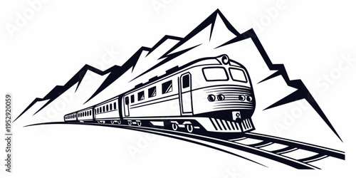 A vintage train traveling through a mountainous landscape with snow capped peaks