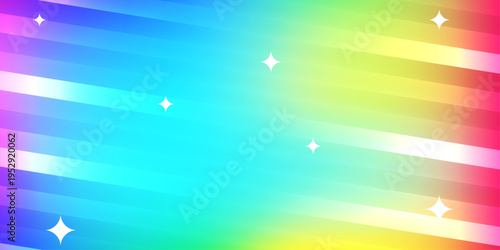 Abstract rainbow gradient background with diagonal stripes and sparkling white stars featuring vibrant transition of purple blue cyan green and yellow colors for festive design