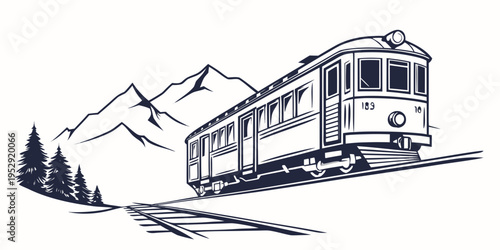 A vintage train travels through a scenic mountain landscape with pine trees