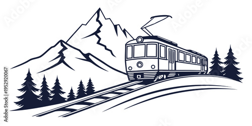 A vintage train journeying through a scenic mountain landscape with pine trees.